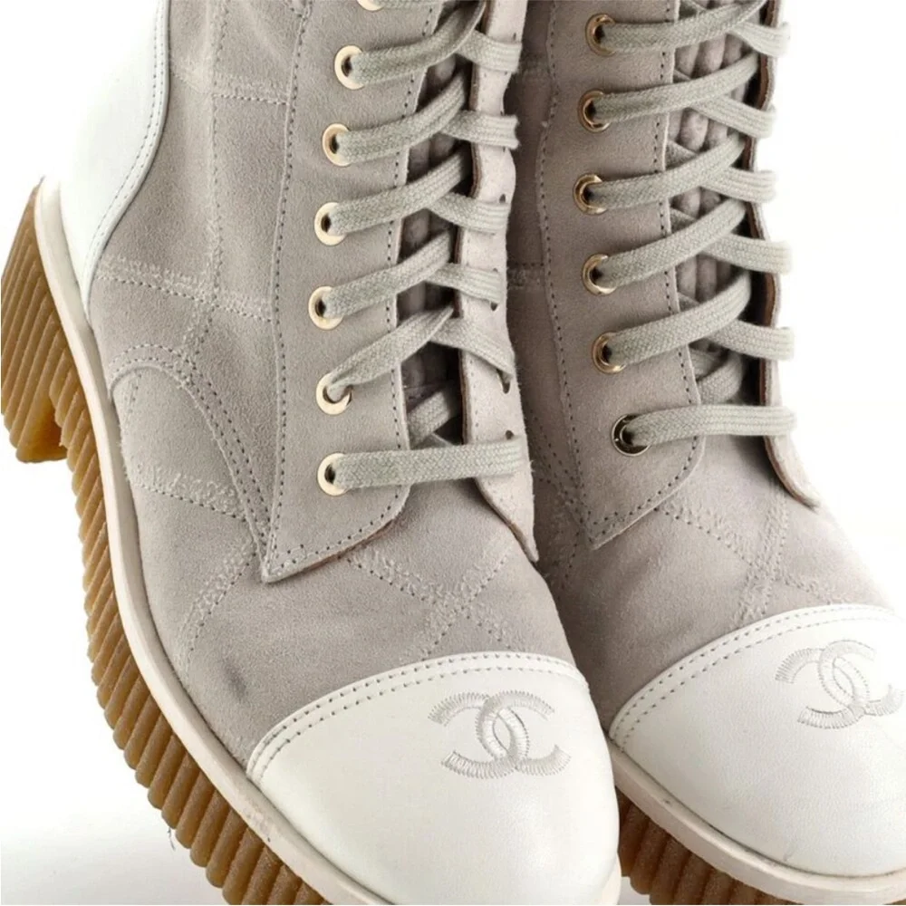 Authentic Chanel Gray and White combat Boots 36.5 Limited Edition.